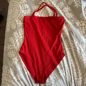 red ribbed cross back bodysuit